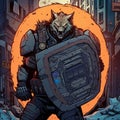 Final Fantasy Borderlands 3: Ryan Ottley Draws Werewolf Juggernaut Riot-police Shield-bearer With Targe Tech-shield In Active City Royalty Free Stock Photo