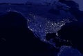 American continent electric lights map at night. City lights. Map of North and Central America. View from outer space Royalty Free Stock Photo