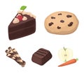 American cookies, a piece of cake, candy, wafer tubule. Chocolate desserts set collection icons in cartoon style vector Royalty Free Stock Photo
