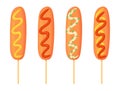 American Corn dog set with different sauce ketchup, mayo, mustard. Street food, fastfood concept. Illustration in