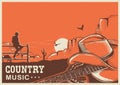 American country music poster with cowboy hat and guitar on land Royalty Free Stock Photo