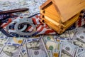 American court imposed an arrest to on house of the sanctions property with US dollars banknotes Royalty Free Stock Photo