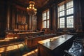 American Courtroom, Empty Courthouse, Supreme Court of Law and Justice Trial Stand, Grand Wooden Interior Royalty Free Stock Photo