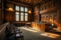 American Courtroom, Empty Courthouse, Supreme Court of Law and Justice Trial Stand, Grand Wooden Interior Royalty Free Stock Photo