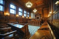 American Courtroom, Empty Courthouse, Supreme Court of Law and Justice Trial Stand, Grand Wooden Interior Royalty Free Stock Photo