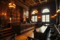 American Courtroom, Empty Courthouse, Supreme Court of Law and Justice Trial Stand, Grand Wooden Interior Royalty Free Stock Photo