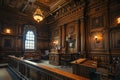 American Courtroom, Empty Courthouse, Supreme Court of Law and Justice Trial Stand, Grand Wooden Interior Royalty Free Stock Photo