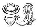 American cowboy clothes. Vector black graphic illustration of western boot cowboy hat and bandanna isolated on white Royalty Free Stock Photo