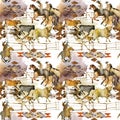 American cowboy and cows seamless pattern. Running horse. Wild west. watercolor tribal texture. Western illustration. Royalty Free Stock Photo