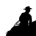 American cowboy with lasso riding horse black vector silhouette outline