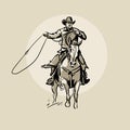 American cowboy riding horse and throwing lasso. Hand drawn illustration. Hand sketch. Illustration. Royalty Free Stock Photo