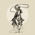 American cowboy riding horse and throwing lasso. Hand drawn illustration. Hand sketch. Illustration.