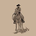 American cowboy riding horse and throwing lasso. Hand drawn vector illustration. Hand sketch. Royalty Free Stock Photo