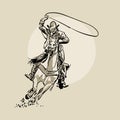 American cowboy riding horse and throwing lasso. Hand drawn vector illustration. Hand sketch.