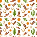 American cowboy seamless pattern. Cowboy boots, hat, horseshoe, peyote cactus, sun. Rodeo, wild west, western, boho