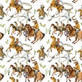 American cowboy seamless pattern. Running horse. Wild west. watercolor tribal texture.