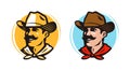 American cowboy, sheriff logo or label. Farmer, grower, farm icon. Cartoon vector illustration