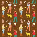 American Cowgirls Seamless Pattern. Woman in Cowboy Clothes Retro Background