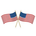 American crossed flags waving left and right with gold wand. Patriotic national symbol of USA.