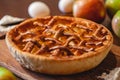 American cuisine. Homemade apple pie on wooden background. Classic autumn Thanksgiving dessert