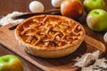 American cuisine. Homemade apple pie on wooden background. Classic autumn Thanksgiving dessert.