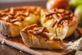 American cuisine. Homemade apple pie on wooden background. Classic autumn Thanksgiving dessert.