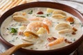 American cuisine: New England chowder soup macro. horizonta