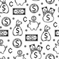 American currency seamless vector pattern. Banknotes, coins, money bag, piggy bank, bills in wallet, USA dollars, cents. Royalty Free Stock Photo