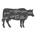 American cuts of beef, vintage typographic hand-drawn butcher cuts scheme. Grunge on separate layer