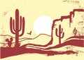 American Desert with cactuses and sun. Vintage vector of Arizona Desert Graphic illustration on old paper texture
