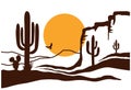 American Desert with cactuses and yellow sun. Vector silhouette of Arizona Desert Graphic illustration