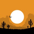 American Desert landscape with cactuses silhouette illustration. Vector American sunset Arizona desert Royalty Free Stock Photo