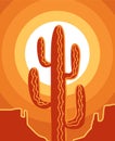 American desert poster. Vector desert landscape illustration with cactus and yellow sun. Arizona desert mountain design