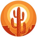 American desert round emblem. Vector desert landscape illustration with cactus and yellow sun. Arizona desert mountain design