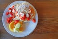 American Dessert - Pancake banana and strawberry fruit with honey caramel - Closeup scene - Breakfast food on coffee cafe Royalty Free Stock Photo