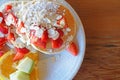 American Dessert - Pancake banana and strawberry fruit with honey caramel - Closeup scene - Breakfast food on coffee cafe Royalty Free Stock Photo