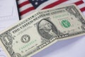 1 american dollar bill with united states flag . Royalty Free Stock Photo