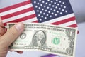 1 american dollar bill with united states flag . Royalty Free Stock Photo