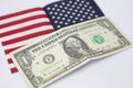 1 american dollar bill with united states flag . Royalty Free Stock Photo