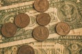 American dollar bills and coins as background for design. Heap of American dollars close up view. Royalty Free Stock Photo