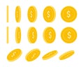 American dollar coins set, animation ready. USD yellow coins rotation. USA metal money in different