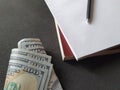 American dollar money, books and pen Royalty Free Stock Photo