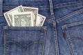 American dollars banknotes peeking out of blue jeans back pocket. Money, personal finance, tax concept