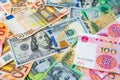 American dollars, Euro money, Australian dollars and Chinese yuan money. Royalty Free Stock Photo