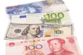 American dollars, European euro,Swiss franc and Chinese yuan bills Royalty Free Stock Photo