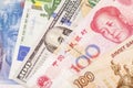 American dollars, European euro,Swiss franc,Chinese yuan and Russian Ruble bills Royalty Free Stock Photo