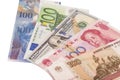 American dollars, European euro,Swiss franc,Chinese yuan and Russian Ruble bills Royalty Free Stock Photo