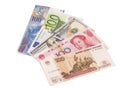 American dollars, European euro,Swiss franc,Chinese yuan and Russian Ruble bills Royalty Free Stock Photo