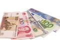 American dollars, European euro,Swiss franc,Chinese yuan and Russian Ruble bills Royalty Free Stock Photo