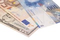 American dollars, European euro,Swiss franc currency Royalty Free Stock Photo